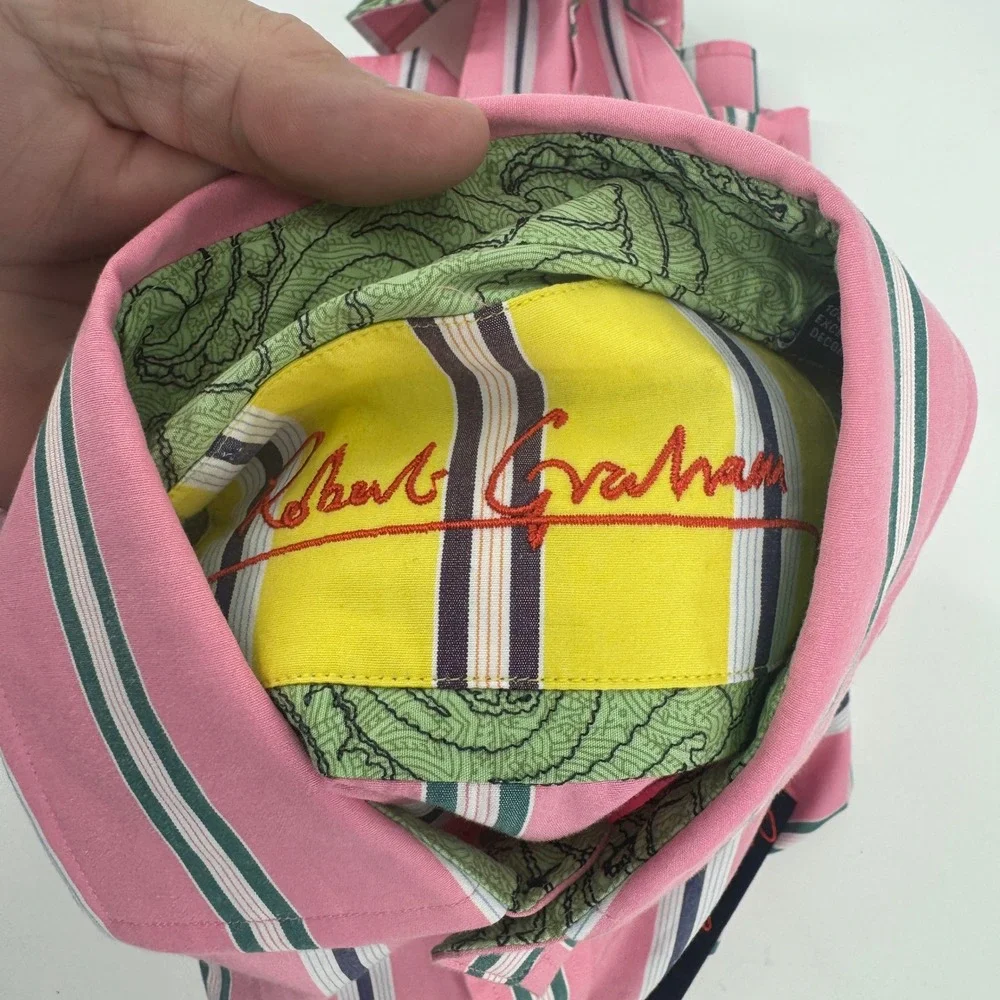 New Robert Graham Shirt Flip Cuff Mens S Pink Striped Paisley Long Sleeve Luxury